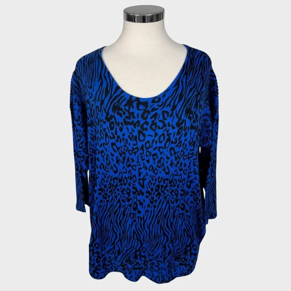 Dana Buchman XL Blue Black Leopard Print 3/4 Sleeve V Neck Acrylic Sweater